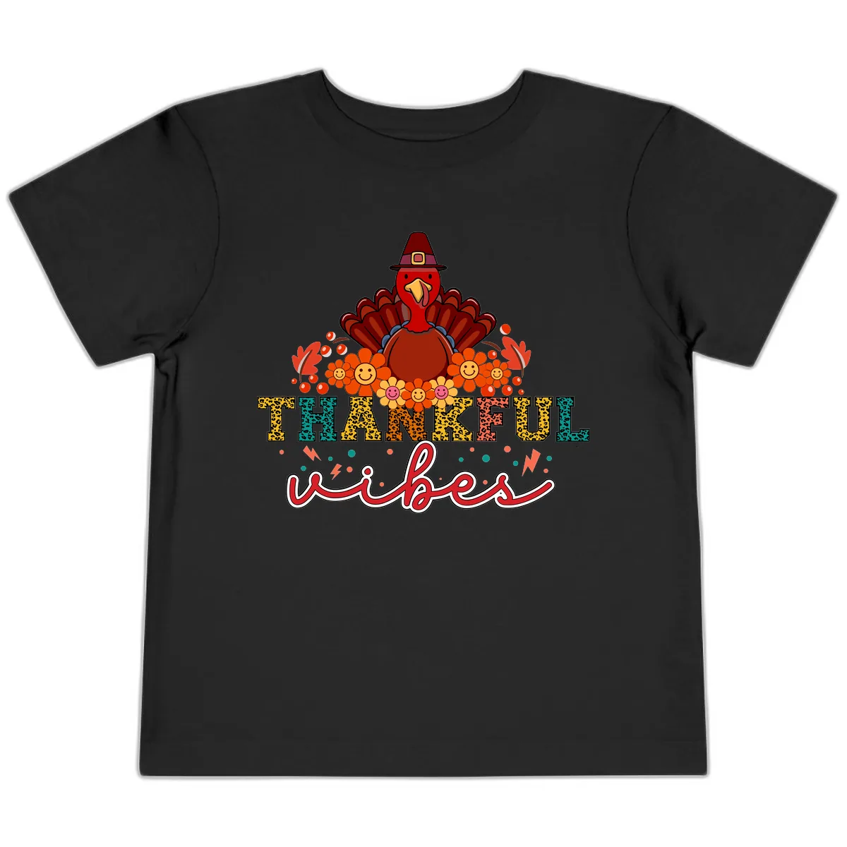 Turkey Vibes Thanksgiving Design Toddler T-Shirt in Black